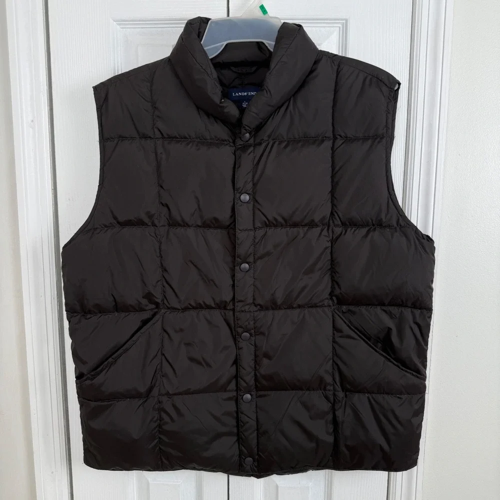 Lands End Mens Down Puffer Vest Brown Large 42-44 Quilted Snap‎ Front Mock Neck